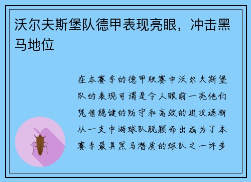 沃尔夫斯堡队德甲表现亮眼，冲击黑马地位
